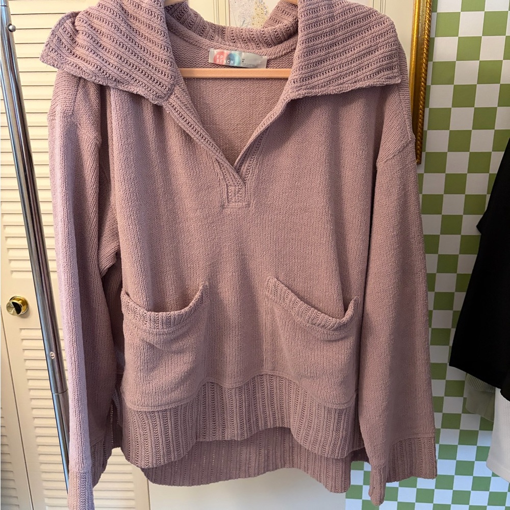 Free People Mauve Knit V-Neck Pocket Sweater